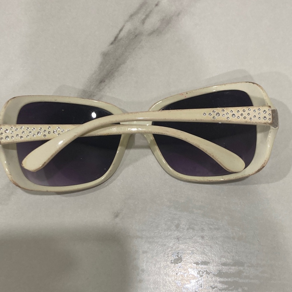 White Frame Sunglasses with Purple Lenses and Crystal Accents - Picture 9 of 16